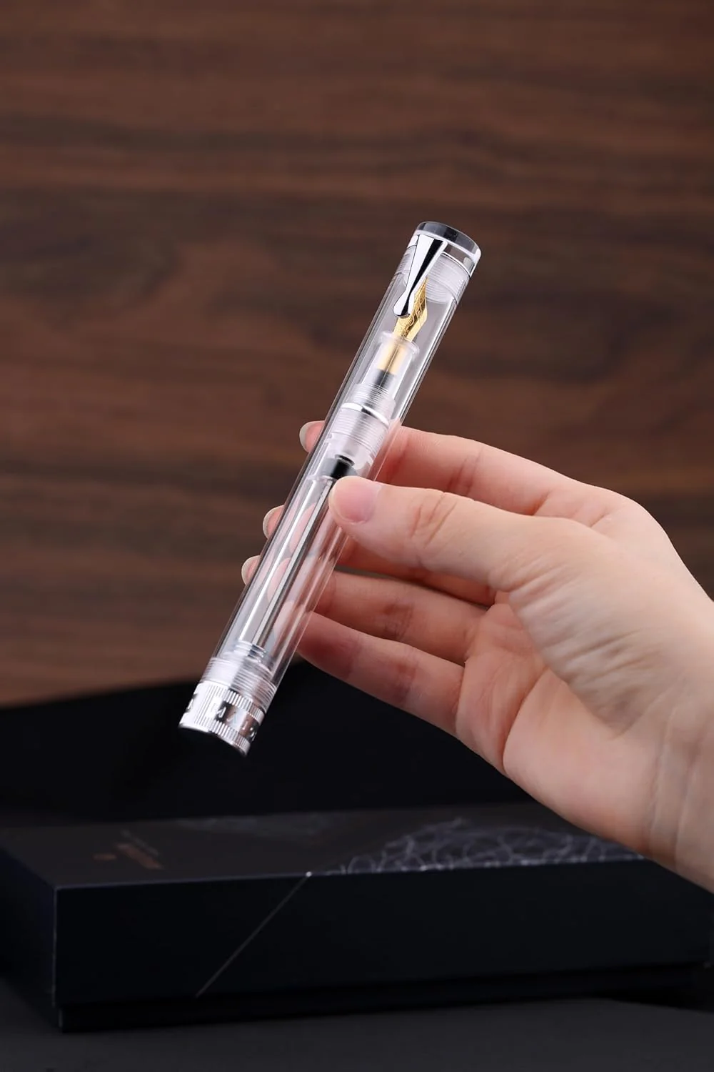 Majohn V1 Vacuum Filling Fountain Pen Fine Nib Transparent Acrylic Demonstration Writing Gift Pen with Box (Silver Clip) - Image 4